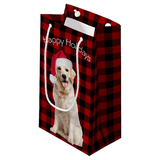 Weihnachten Golden Retriever auf Kariert Kleine Geschenktüte (Vorderseite Schrägansicht)