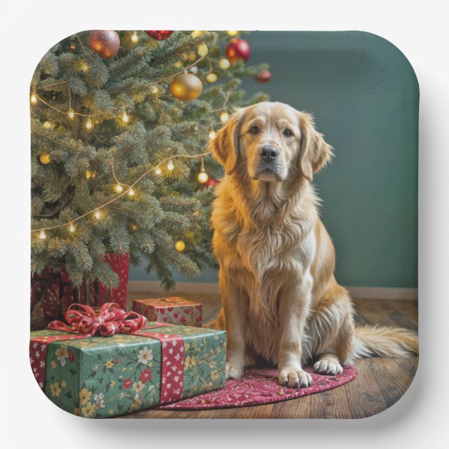 Weihnachten Golden Retriever mit Geschenken Pappteller (Vorderseite)