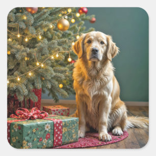 Weihnachten Golden Retriever mit Geschenken Quadratischer Aufkleber