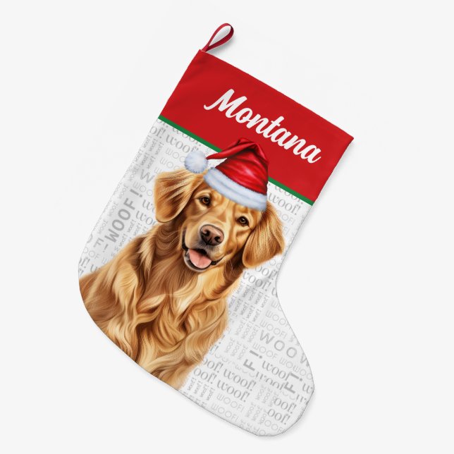 Weihnachten Golden Retriever Name Woof Background Großer Weihnachtsstrumpf (Vorderansicht (hängend))