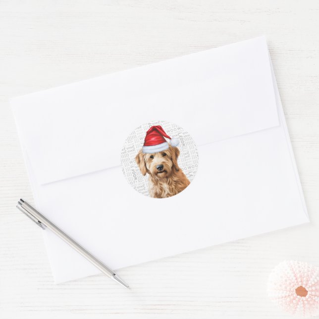 Weihnachten Goldendoodle Santa und Woof Dog Lover Runder Aufkleber (Umschlag)