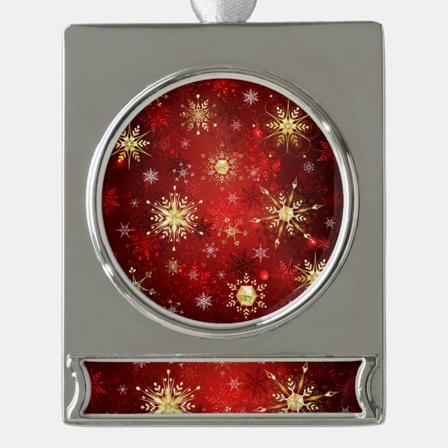 Weihnachten Goldene Schneeflocken im roten Hinterg Banner-Ornament Silber (Vorderseite)