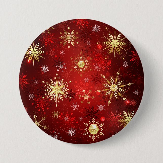 Weihnachten Goldene Schneeflocken im roten Hinterg Button (Vorderseite)