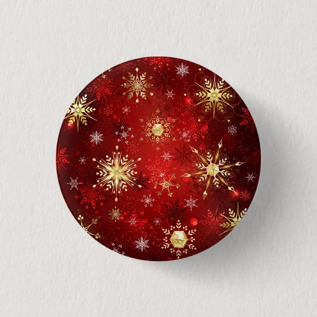 Weihnachten Goldene Schneeflocken im roten Hinterg Button (Vorderseite)