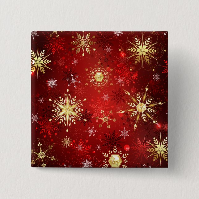 Weihnachten Goldene Schneeflocken im roten Hinterg Button (Vorderseite)