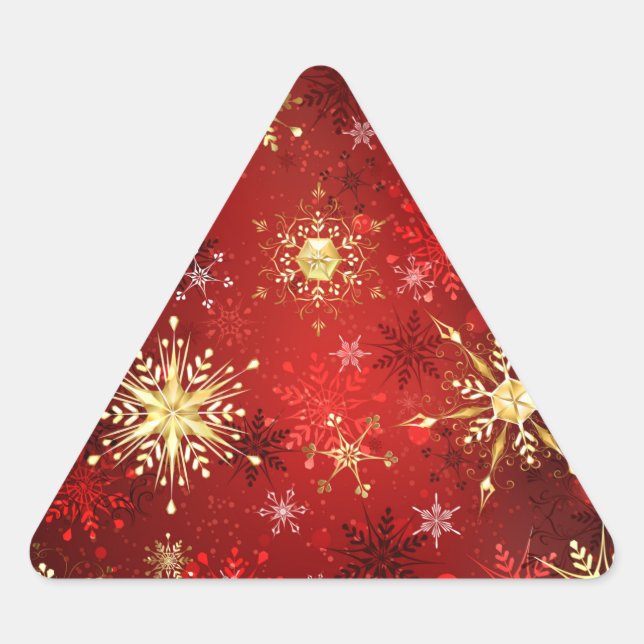 Weihnachten Goldene Schneeflocken im roten Hinterg Dreieckiger Aufkleber (Vorderseite)
