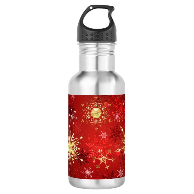 Weihnachten Goldene Schneeflocken im roten Hinterg Edelstahlflasche (Vorderseite)