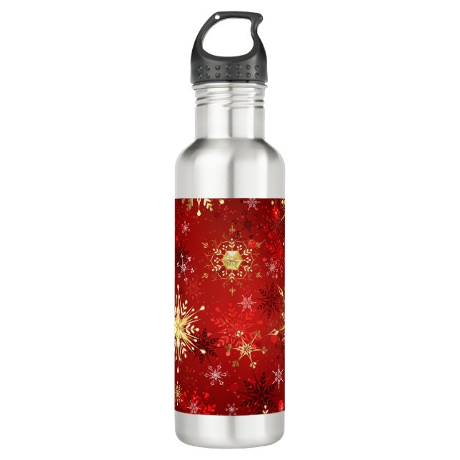 Weihnachten Goldene Schneeflocken im roten Hinterg Edelstahlflasche (Vorderseite)