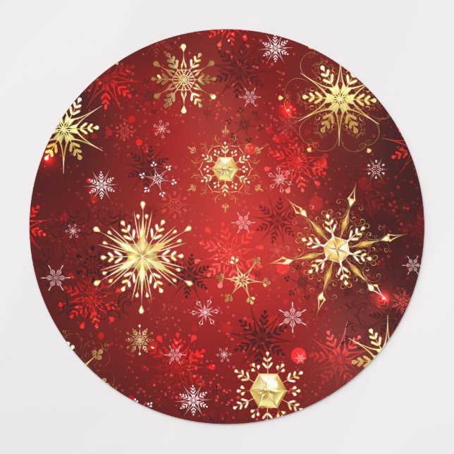 Weihnachten Goldene Schneeflocken im roten Hinterg Etiketten (Design 1)