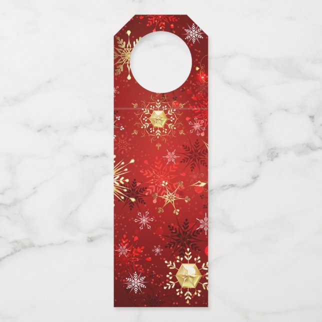 Weihnachten Goldene Schneeflocken im roten Hinterg Flaschenanhänger (Vorderseite)