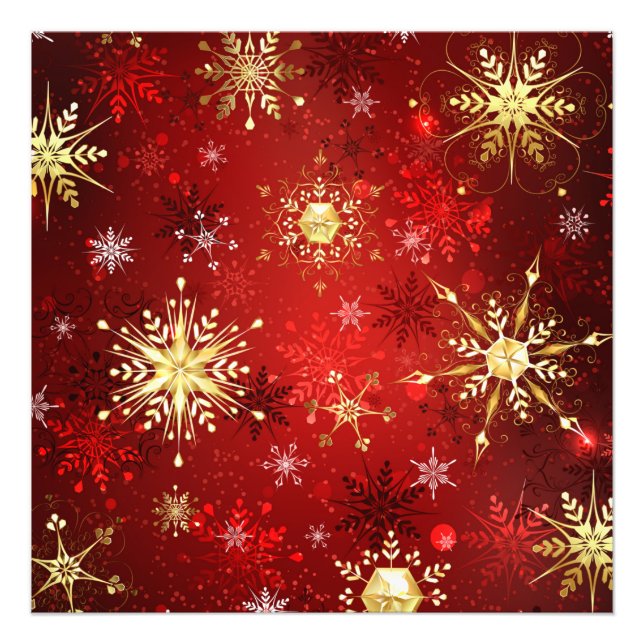 Weihnachten Goldene Schneeflocken im roten Hinterg Fotodruck (Vorne)