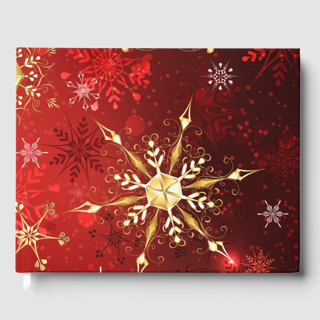 Weihnachten Goldene Schneeflocken im roten Hinterg Gästebuch (Vorderseite)