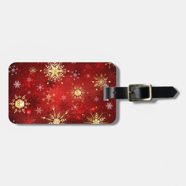 Weihnachten Goldene Schneeflocken im roten Hinterg Gepäckanhänger (Vorderseite horizontal)