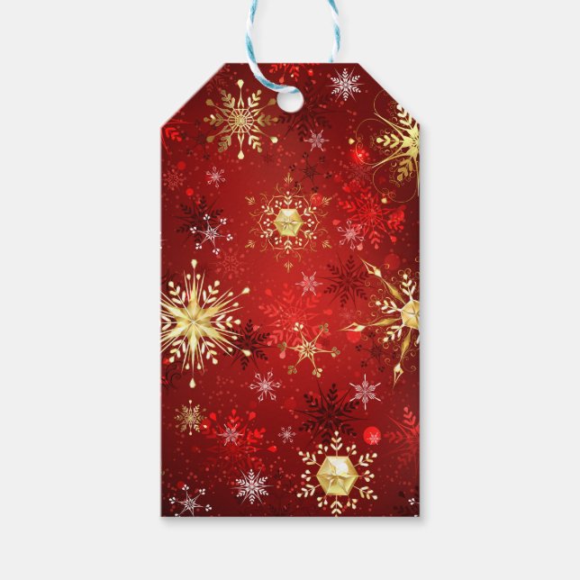Weihnachten Goldene Schneeflocken im roten Hinterg Geschenkanhänger (Vorderseite)