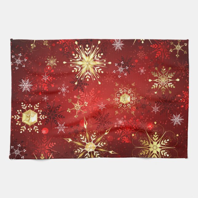 Weihnachten Goldene Schneeflocken im roten Hinterg Geschirrtuch (Horizontal)