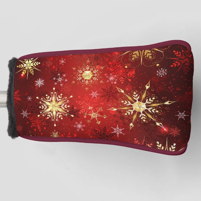 Weihnachten Goldene Schneeflocken im roten Hinterg Golf Headcover (Vorderseite)