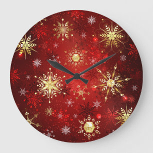 Weihnachten Goldene Schneeflocken im roten Hinterg Große Wanduhr