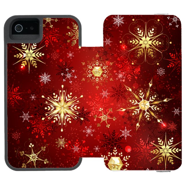 Weihnachten Goldene Schneeflocken im roten Hinterg Incipio iPhone Geldbeutel-Hülle (Folio Geöffnet)