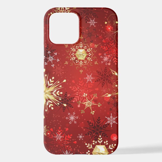 Weihnachten Goldene Schneeflocken im roten Hinterg iPhone 12 Hülle (Rückseite)