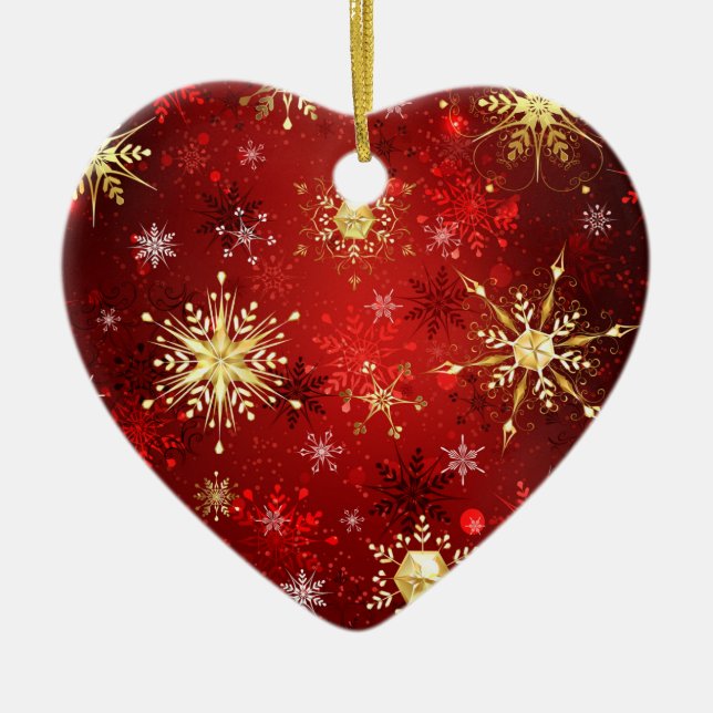 Weihnachten Goldene Schneeflocken im roten Hinterg Keramik Ornament (Vorne)