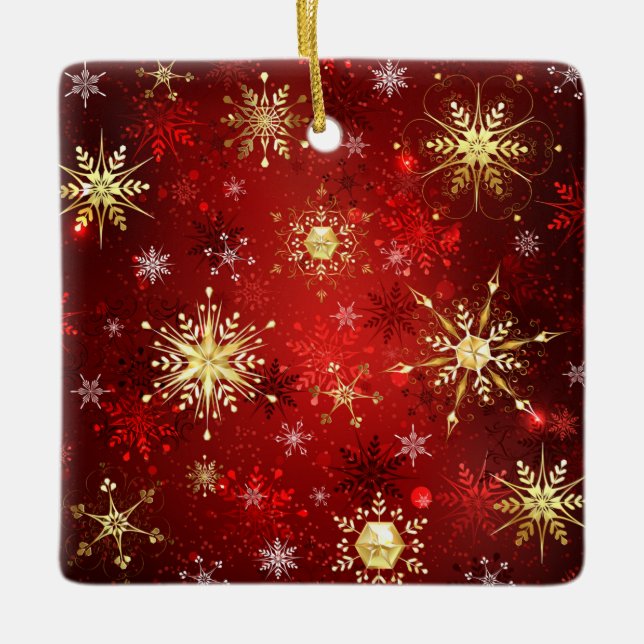 Weihnachten Goldene Schneeflocken im roten Hinterg Keramikornament (Vorderseite)