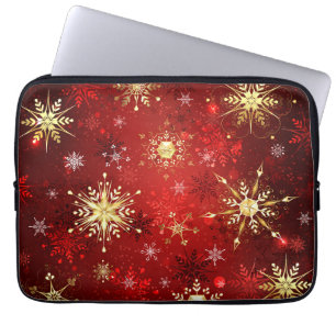 Weihnachten Goldene Schneeflocken im roten Hinterg Laptopschutzhülle