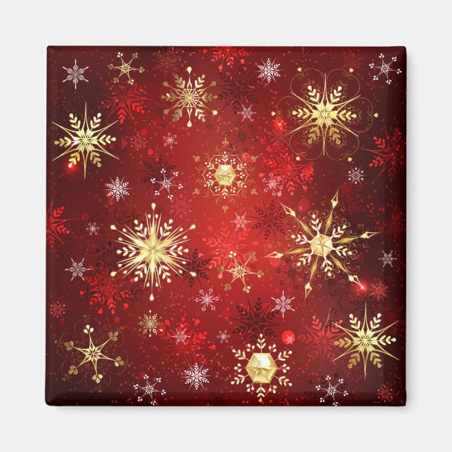 Weihnachten Goldene Schneeflocken im roten Hinterg Magnet (Vorne)