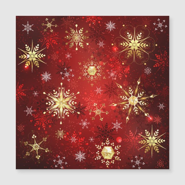 Weihnachten Goldene Schneeflocken im roten Hinterg Magneteinladung (Vorderseite)