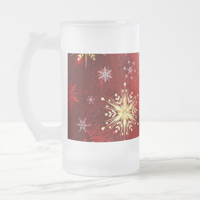 Weihnachten Goldene Schneeflocken im roten Hinterg Mattglas Bierglas (Links)