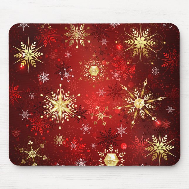 Weihnachten Goldene Schneeflocken im roten Hinterg Mousepad (Vorne)