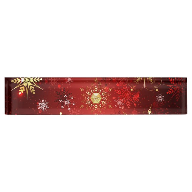 Weihnachten Goldene Schneeflocken im roten Hinterg Namensplakette (Vorderseite)