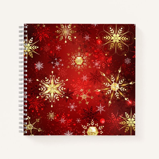 Weihnachten Goldene Schneeflocken im roten Hinterg Notizbuch (Vorderseite)