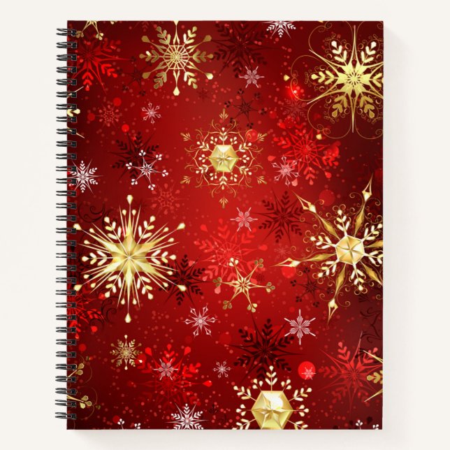 Weihnachten Goldene Schneeflocken im roten Hinterg Notizbuch (Vorderseite)