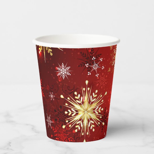 Weihnachten Goldene Schneeflocken im roten Hinterg Pappbecher (Vorderseite)