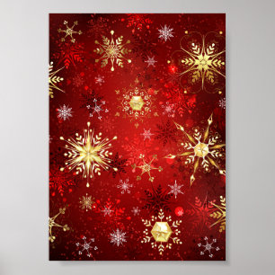 Weihnachten Goldene Schneeflocken im roten Hinterg Poster