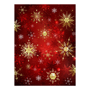 Weihnachten Goldene Schneeflocken im roten Hinterg Poster