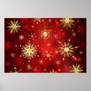 Weihnachten Goldene Schneeflocken im roten Hinterg Poster