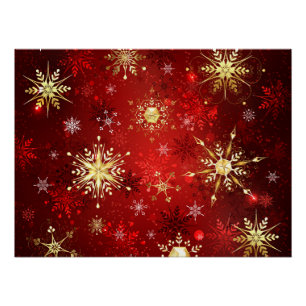 Weihnachten Goldene Schneeflocken im roten Hinterg Poster