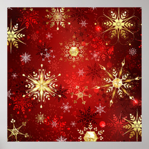Weihnachten Goldene Schneeflocken im roten Hinterg Poster