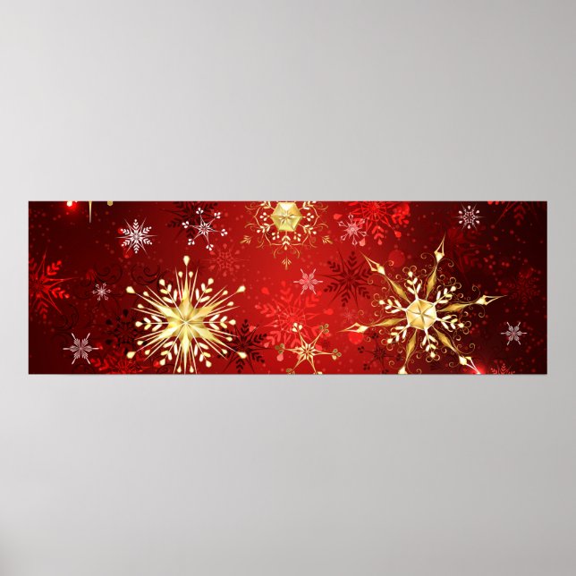 Weihnachten Goldene Schneeflocken im roten Hinterg Poster (Vorne)