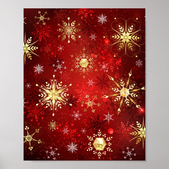 Weihnachten Goldene Schneeflocken im roten Hinterg Poster (Vorne)