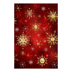 Weihnachten Goldene Schneeflocken im roten Hinterg Poster