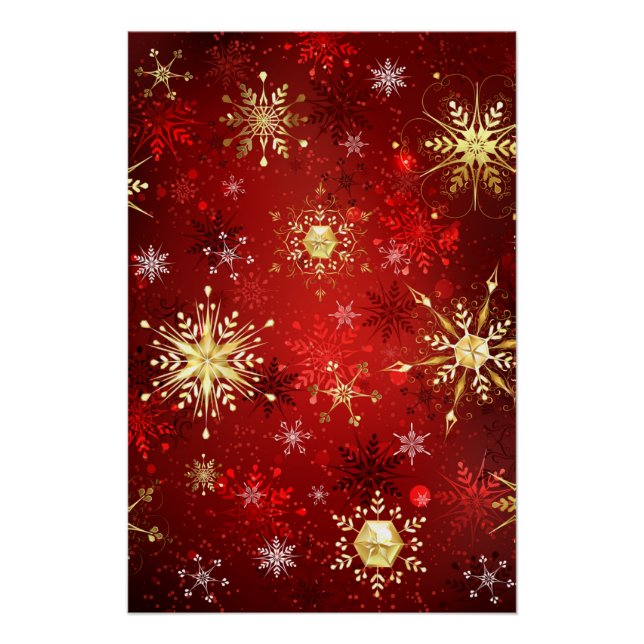 Weihnachten Goldene Schneeflocken im roten Hinterg Poster (Vorderseite)