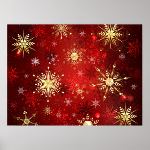 Weihnachten Goldene Schneeflocken im roten Hinterg Poster