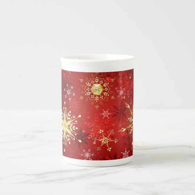 Weihnachten Goldene Schneeflocken im roten Hinterg Prozellantasse (Vorderseite)