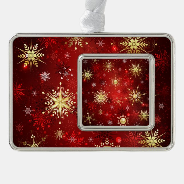 Weihnachten Goldene Schneeflocken im roten Hinterg Rahmen-Ornament Silber (Vorderseite)