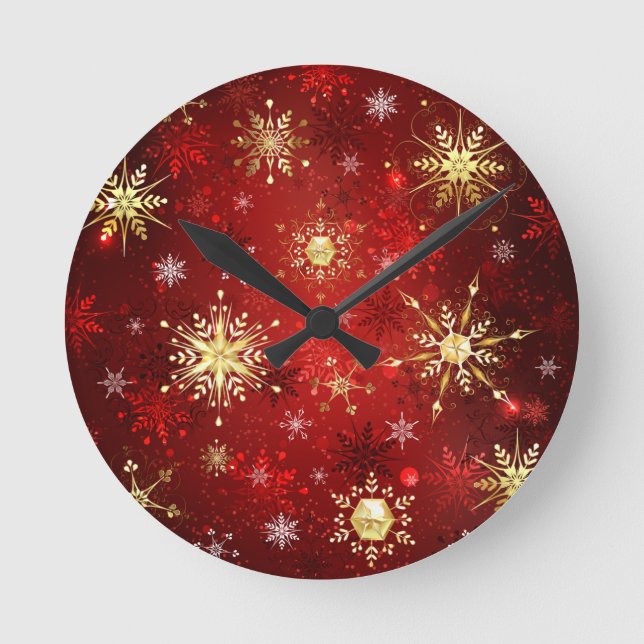 Weihnachten Goldene Schneeflocken im roten Hinterg Runde Wanduhr (Vorderseite)