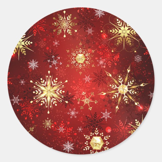 Weihnachten Goldene Schneeflocken im roten Hinterg Runder Aufkleber (Vorderseite)