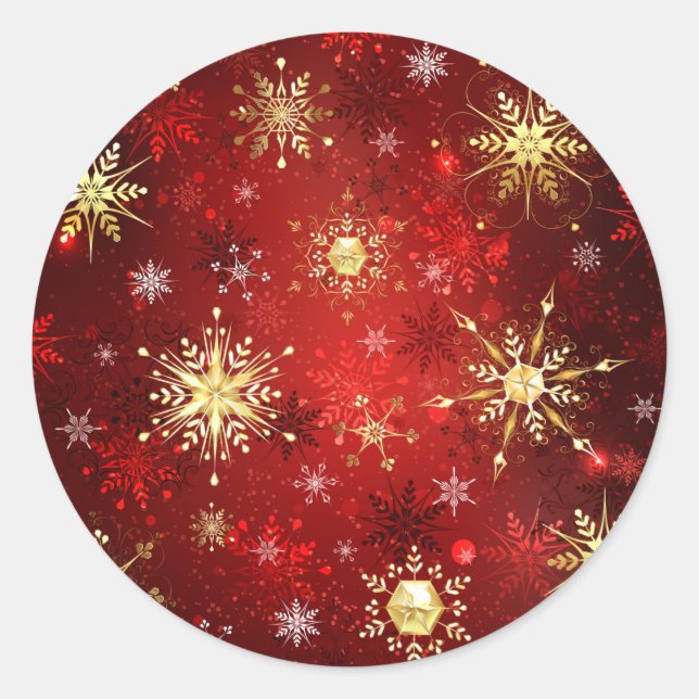 Weihnachten Goldene Schneeflocken im roten Hinterg Runder Aufkleber (Vorderseite)