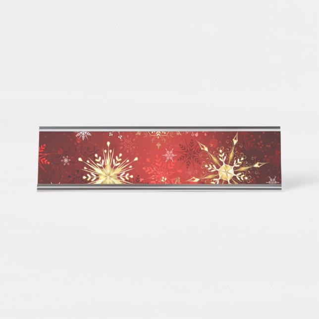 Weihnachten Goldene Schneeflocken im roten Hinterg Schreibtischnamensplakette (Vorderseite )